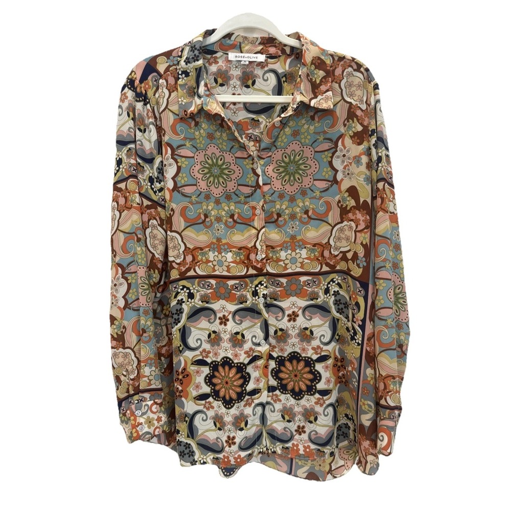 Rose & Olive women's button down Blouse Floral 70s Patchwork Fall Vibes Size XL